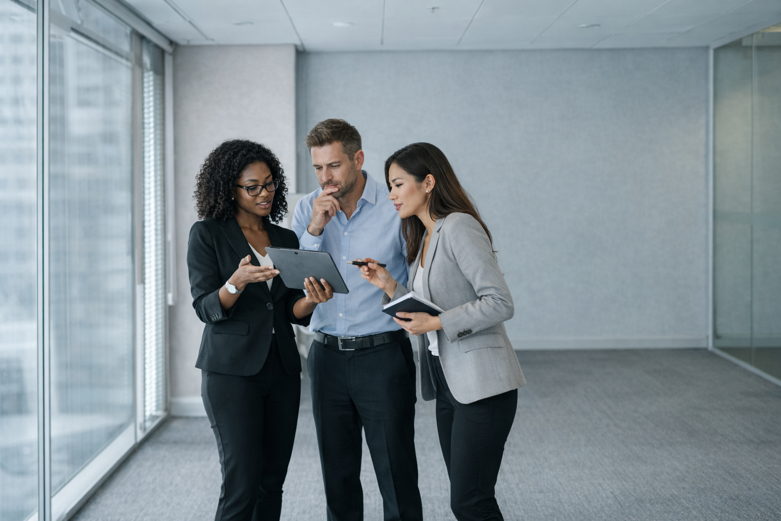 Team arbeitet gemeinsam an einem Tablet