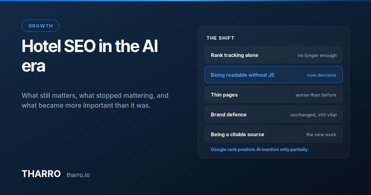 Data card contrasting hotel SEO practices that still matter with ones that stopped mattering in the AI era