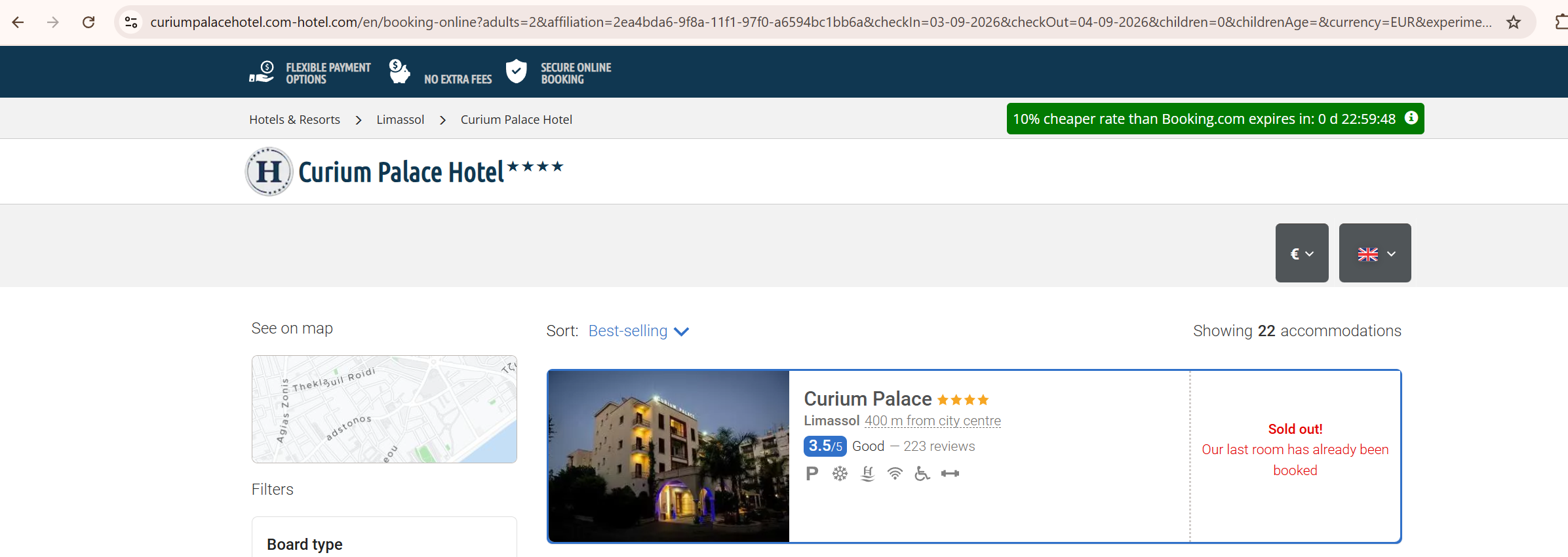 Screenshot: curiumpalacehotel.com-hotel.com on 31 August 2026. A date search for the demolished Curium Palace returns "Sold out! Our last room has already been booked", beneath a banner reading "10% cheaper rate than Booking.com expires in: 0 d 22:59:48".